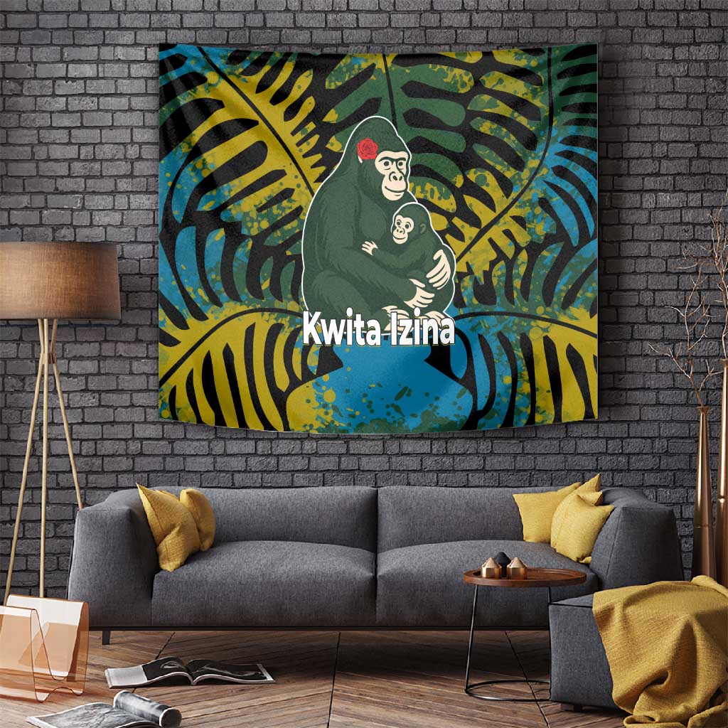 Rwanda Tapestry with Gorilla Family Kwita Izina Leaf Jungle Spirit TS04
