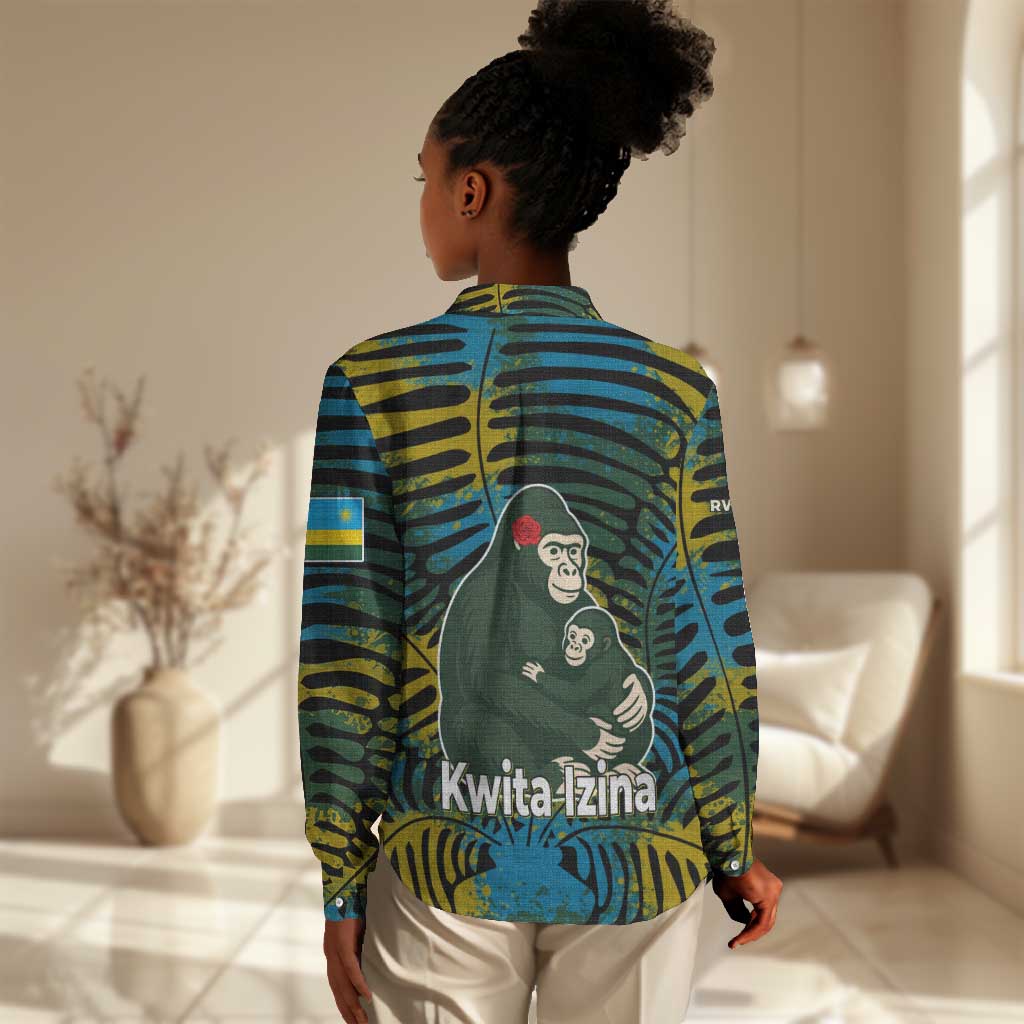 Rwanda Women Casual Shirt with Gorilla Family Kwita Izina Leaf Jungle Spirit TS04