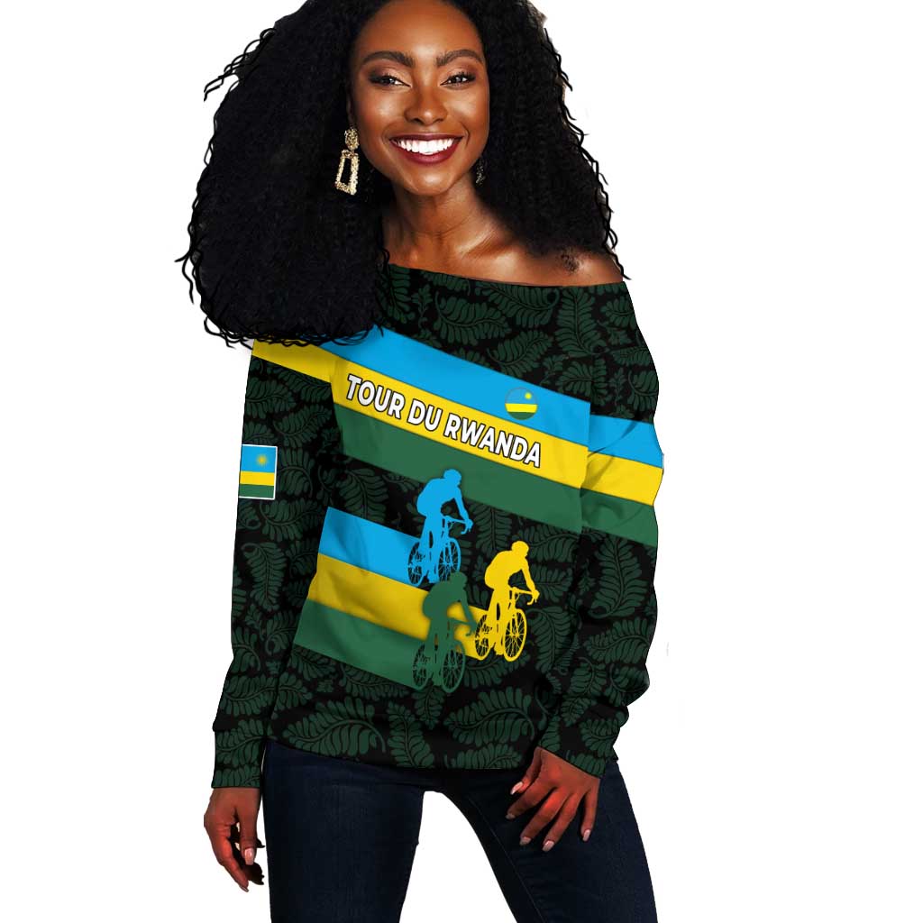 Rwanda Off Shoulder Sweater with Tour du Rwanda Cycling Race Flag Stripe Spirit TS04