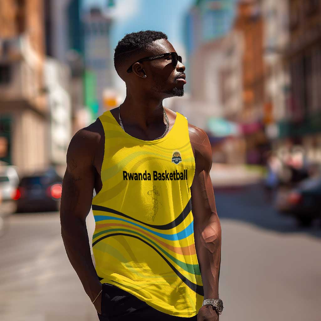 Rwanda Men Tank Top with Basketball League Court Hoop Yellow Wave Spirit TS04