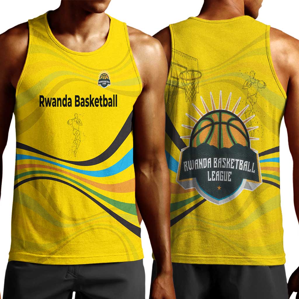 Rwanda Men Tank Top with Basketball League Court Hoop Yellow Wave Spirit TS04