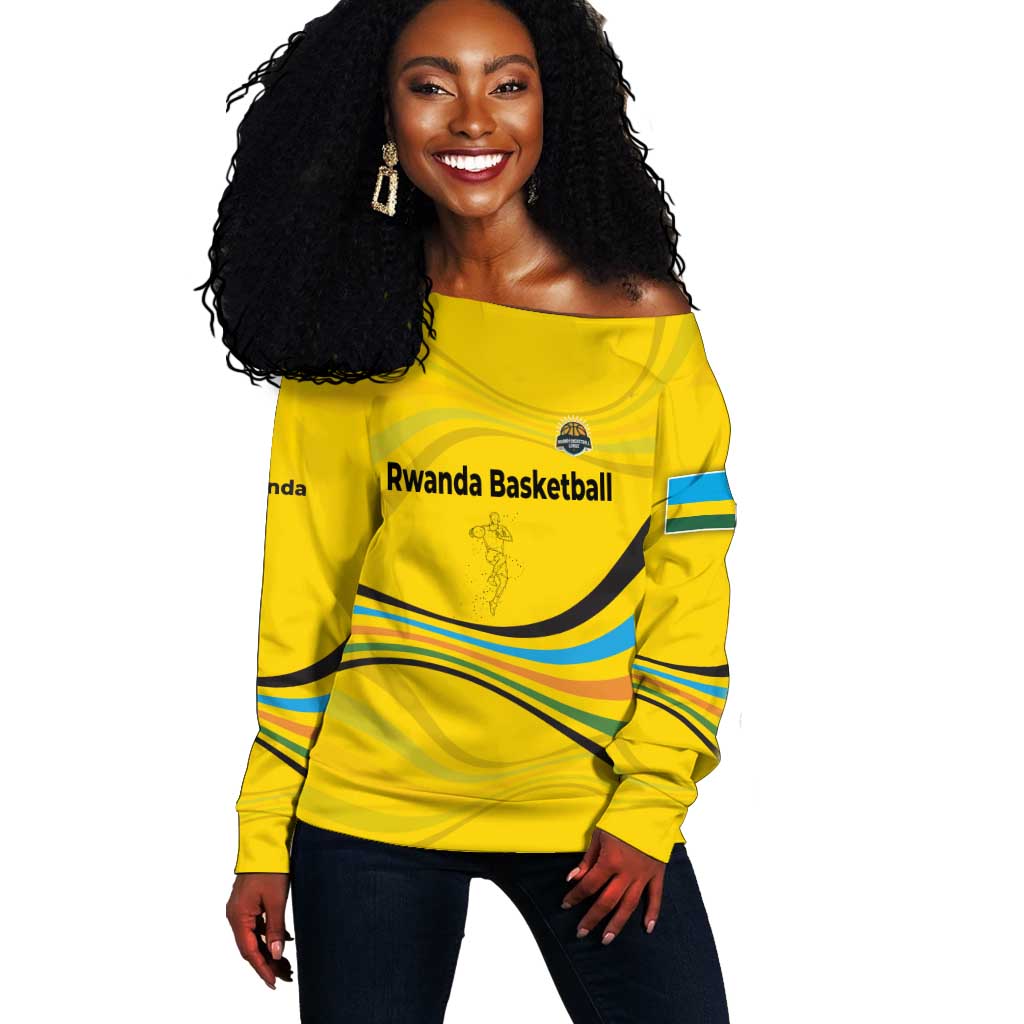 Rwanda Off Shoulder Sweater with Basketball League Court Hoop Yellow Wave Spirit TS04