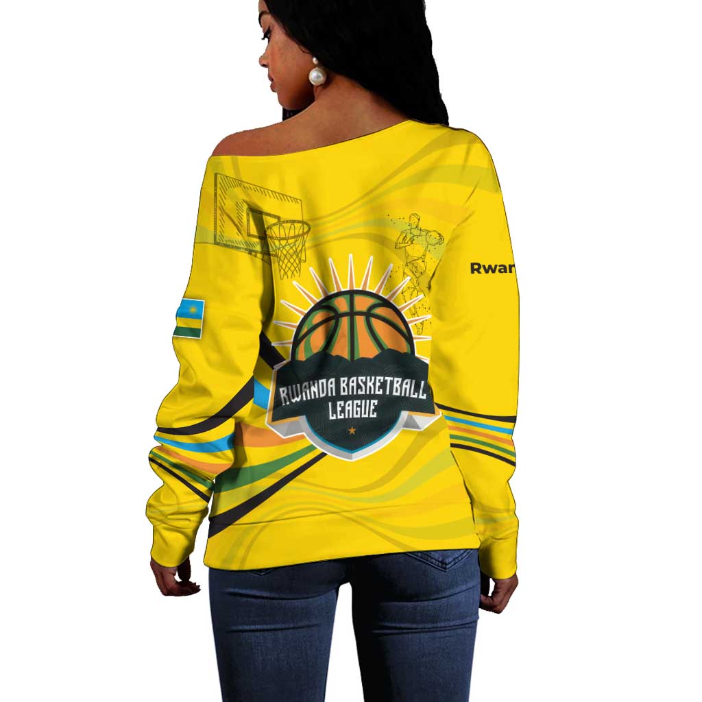 Rwanda Off Shoulder Sweater with Basketball League Court Hoop Yellow Wave Spirit TS04