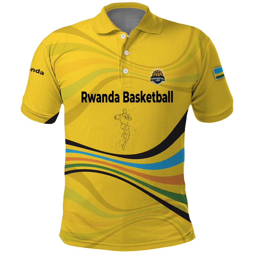 Rwanda Polo Shirt with Basketball League Court Hoop Yellow Wave Spirit TS04