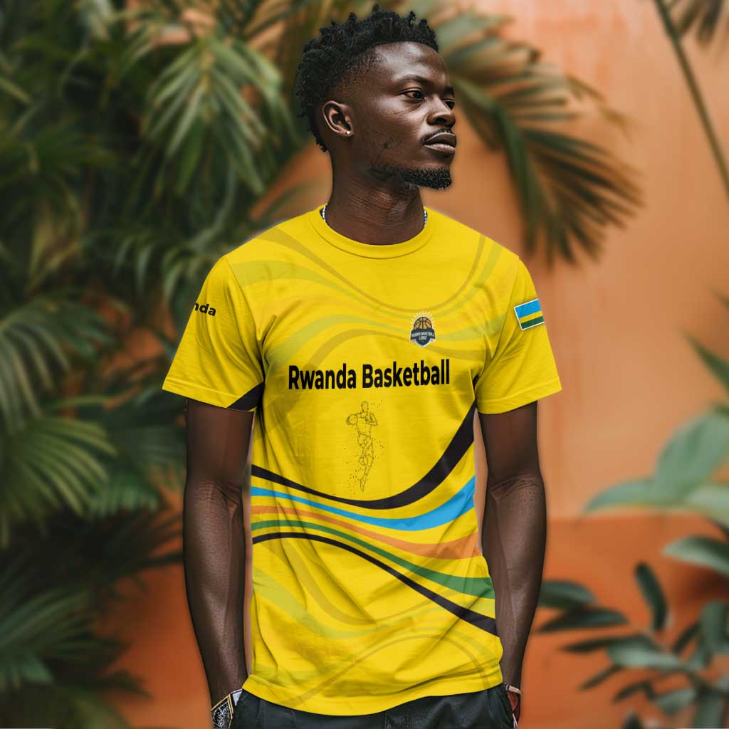 Rwanda T shirt with Basketball League Court Hoop Yellow Wave Spirit TS04