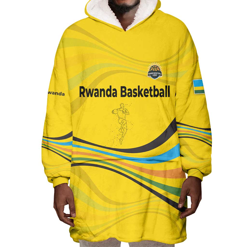 Rwanda Wearable Blanket Hoodie with Basketball League Court Hoop Yellow Wave Spirit TS04