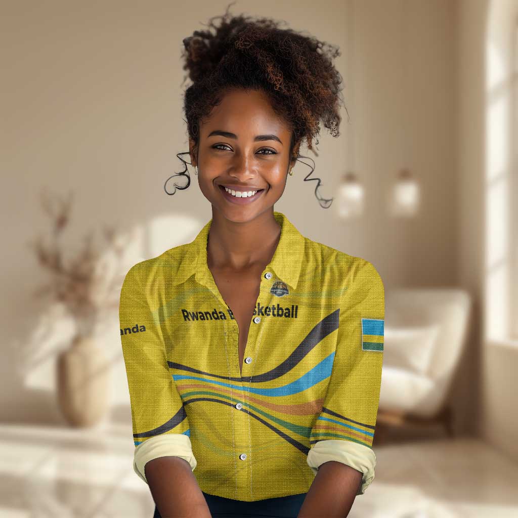 Rwanda Women Casual Shirt with Basketball League Court Hoop Yellow Wave Spirit TS04