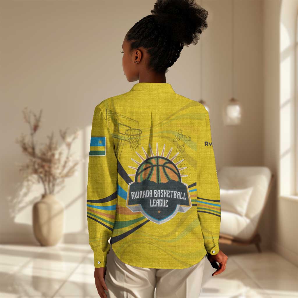 Rwanda Women Casual Shirt with Basketball League Court Hoop Yellow Wave Spirit TS04