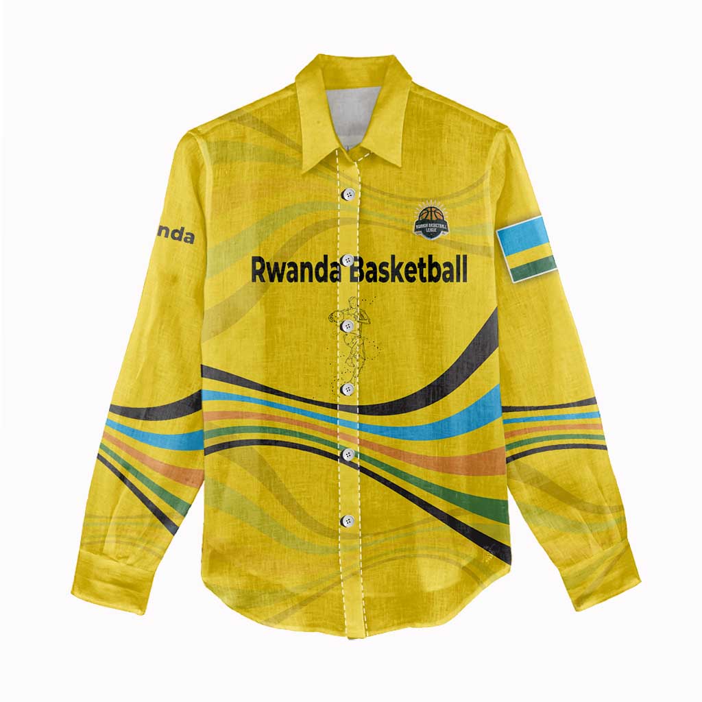 Rwanda Women Casual Shirt with Basketball League Court Hoop Yellow Wave Spirit TS04