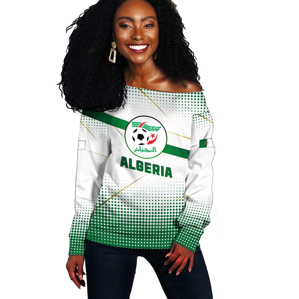 Algeria Soccer Off Shoulder Sweater with Desert Warriors Text and National Flag Design TS04