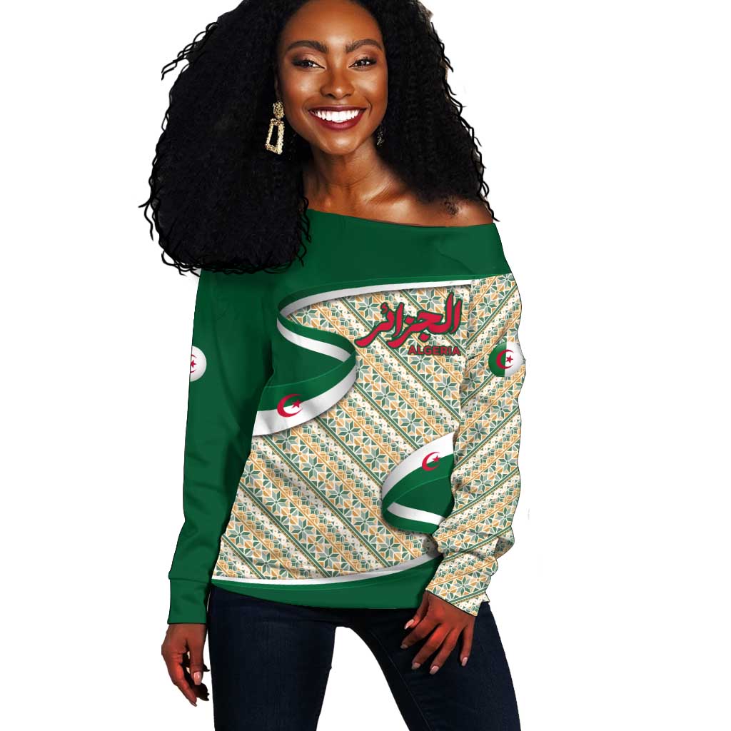 Algeria Off Shoulder Sweater with Arabic Calligraphy and Traditional Pattern Design TS04