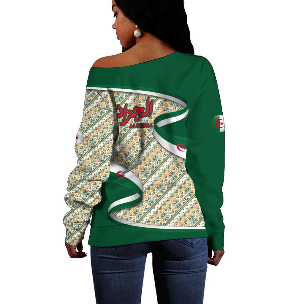 Algeria Off Shoulder Sweater with Arabic Calligraphy and Traditional Pattern Design TS04