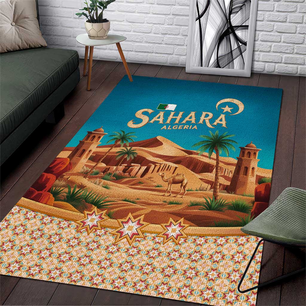 Sahara Algeria Area Rug with Desert Camel Landscape and Islamic Motif Design TS04