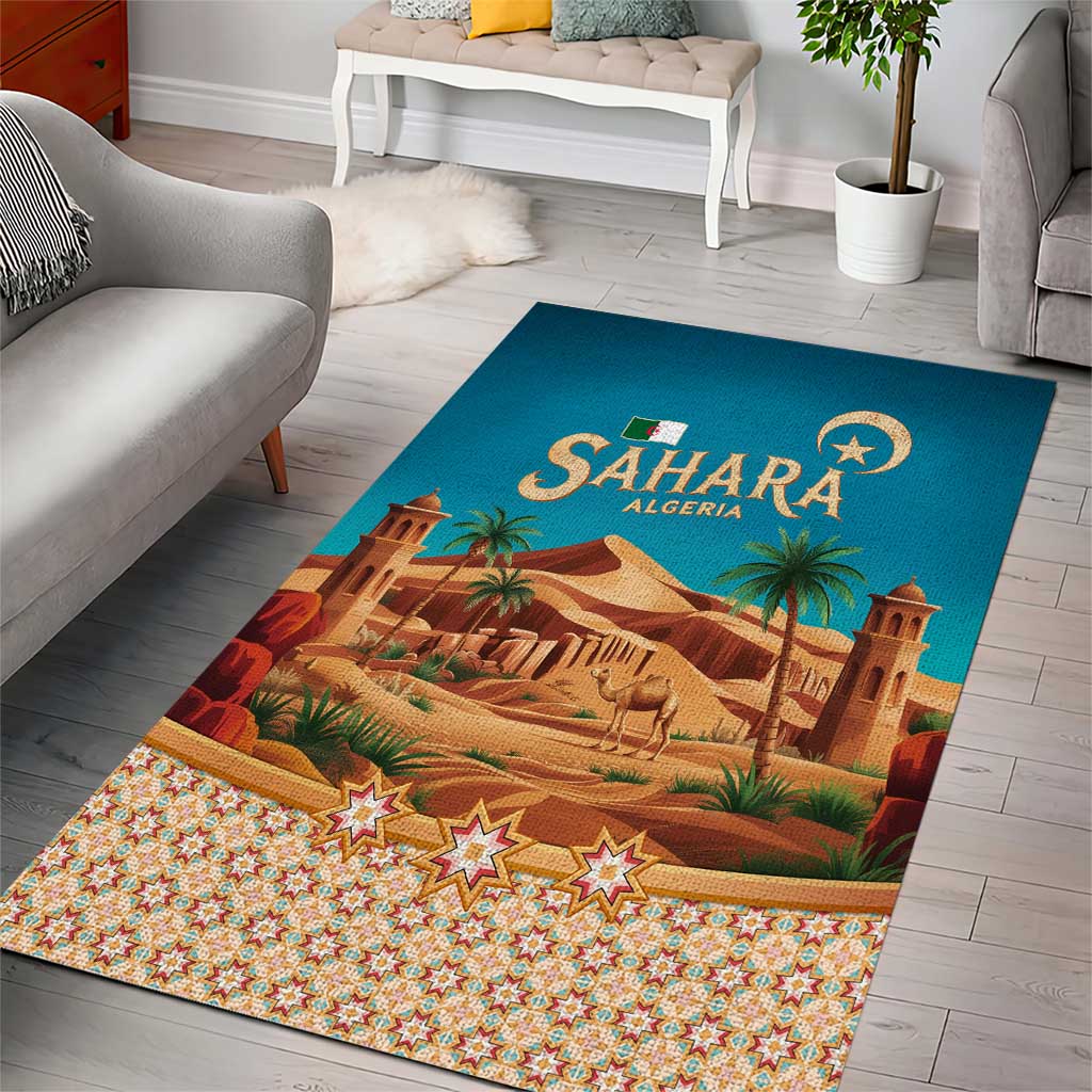 Sahara Algeria Area Rug with Desert Camel Landscape and Islamic Motif Design TS04