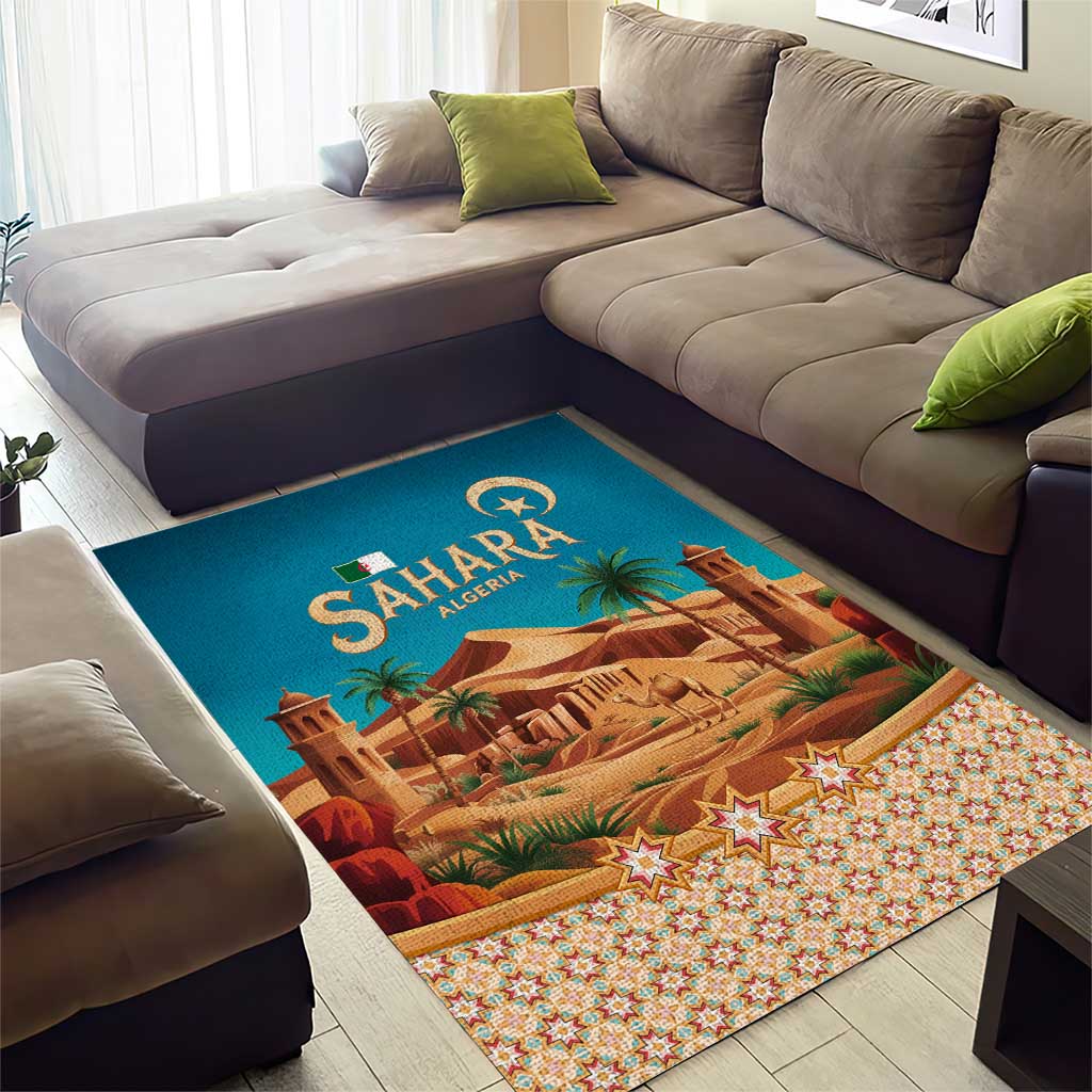 Sahara Algeria Area Rug with Desert Camel Landscape and Islamic Motif Design TS04