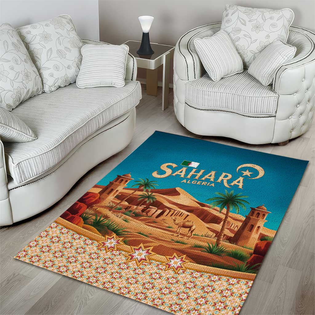 Sahara Algeria Area Rug with Desert Camel Landscape and Islamic Motif Design TS04