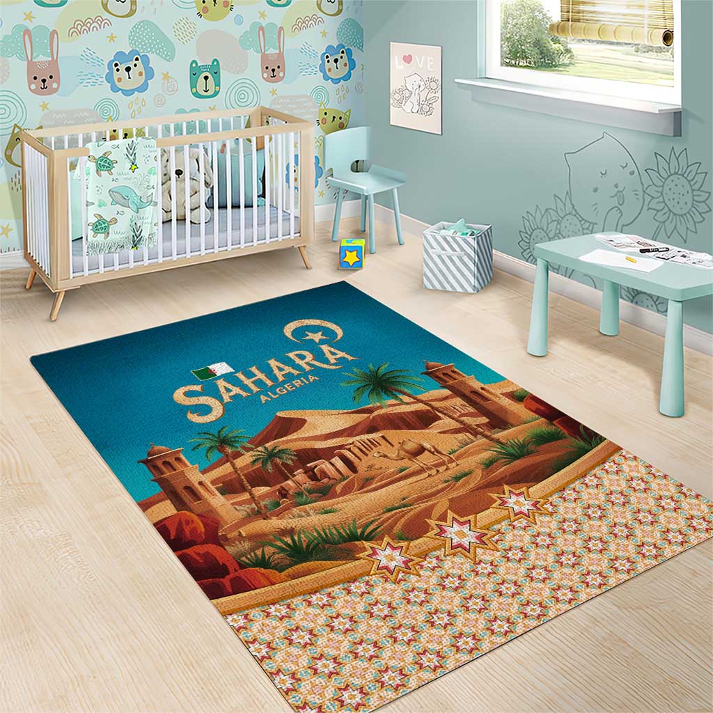 Sahara Algeria Area Rug with Desert Camel Landscape and Islamic Motif Design TS04