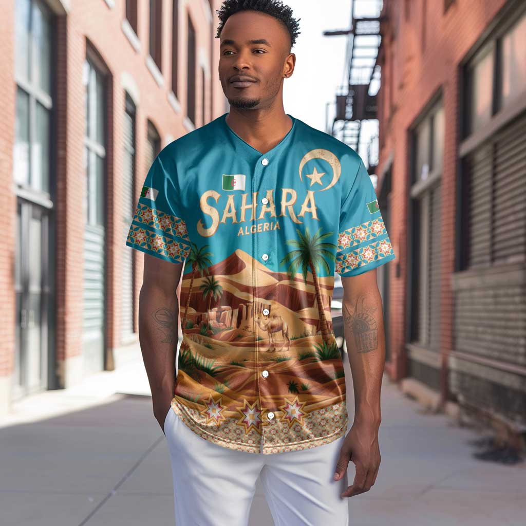 Sahara Algeria Baseball Jersey with Desert Camel Landscape and Islamic Motif Design TS04