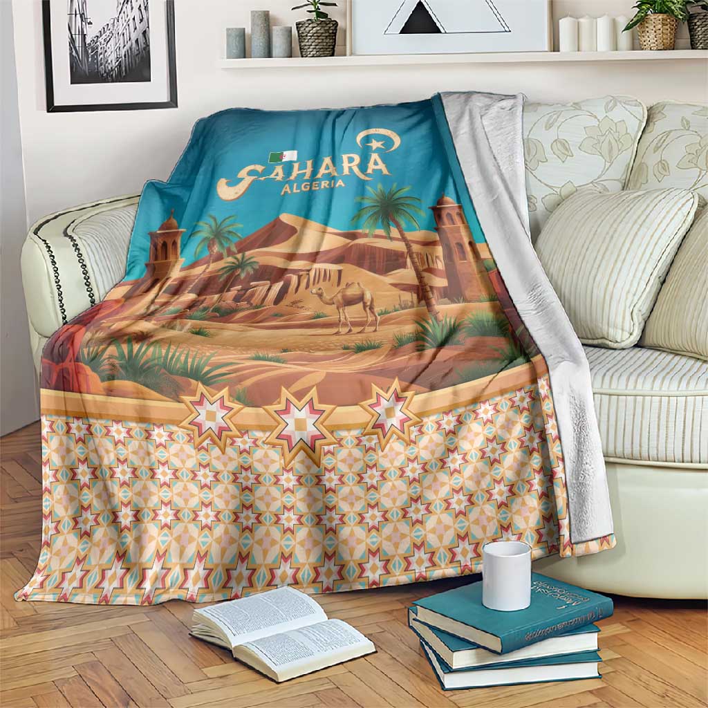 Sahara Algeria Blanket with Desert Camel Landscape and Islamic Motif Design TS04