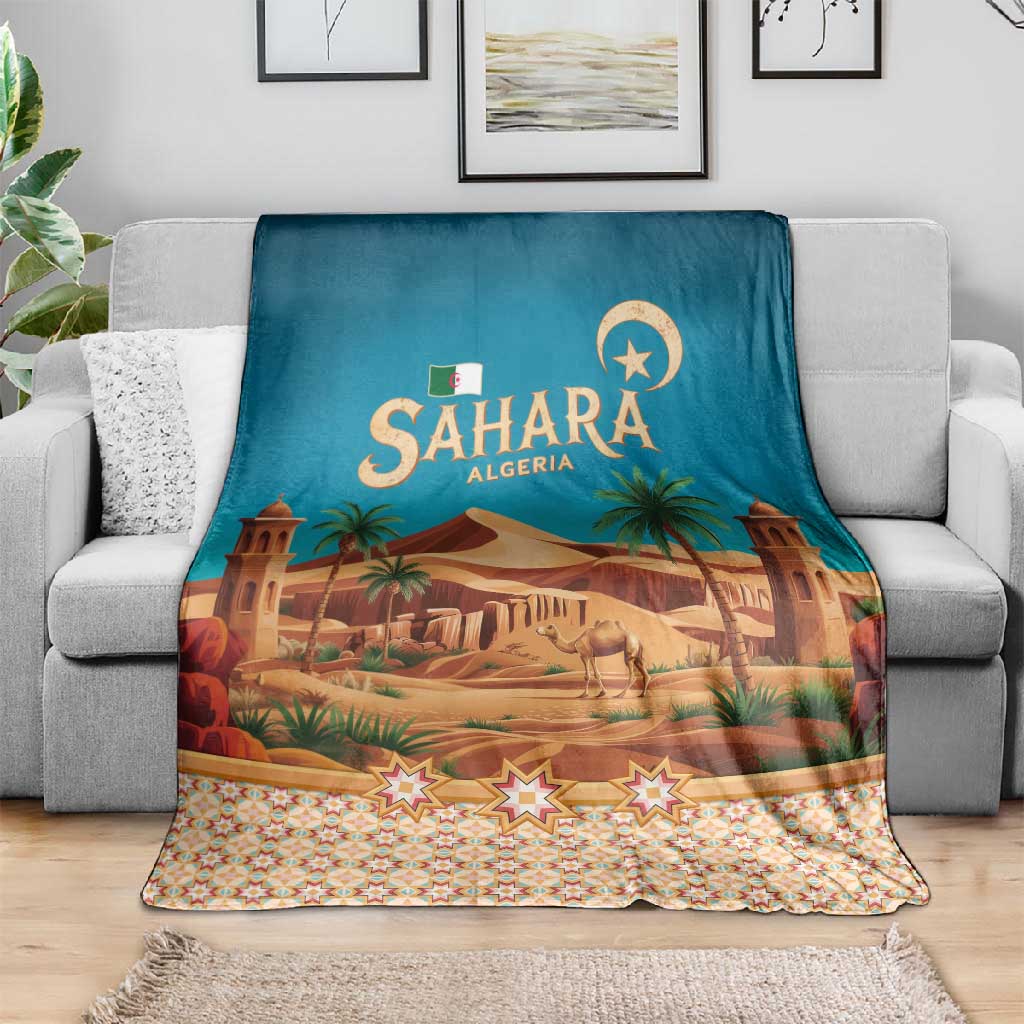 Sahara Algeria Blanket with Desert Camel Landscape and Islamic Motif Design TS04