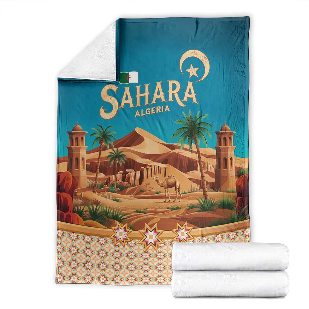 Sahara Algeria Blanket with Desert Camel Landscape and Islamic Motif Design TS04
