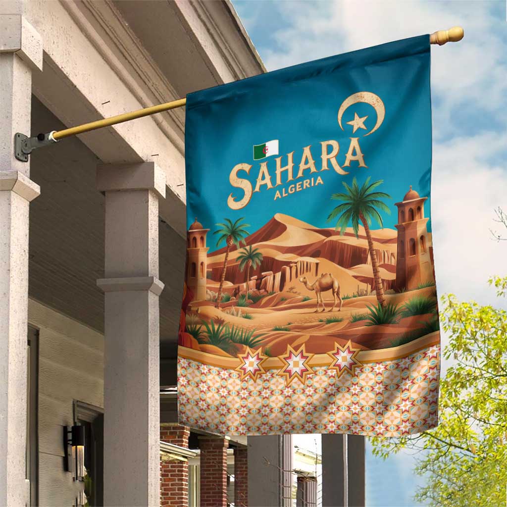 Sahara Algeria Garden Flag with Desert Camel Landscape and Islamic Motif Design TS04