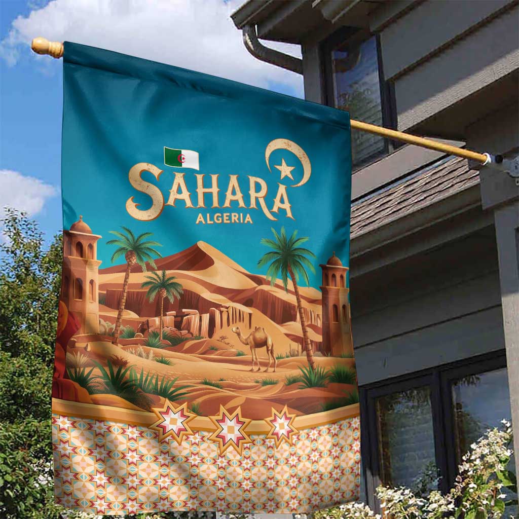 Sahara Algeria Garden Flag with Desert Camel Landscape and Islamic Motif Design TS04
