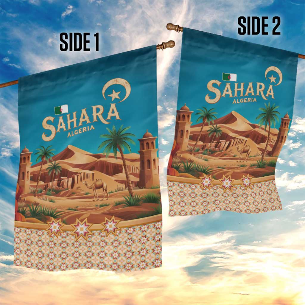 Sahara Algeria Garden Flag with Desert Camel Landscape and Islamic Motif Design TS04
