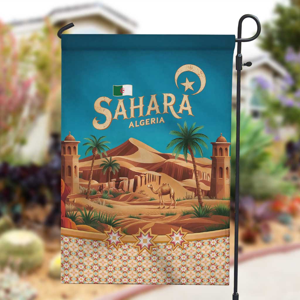 Sahara Algeria Garden Flag with Desert Camel Landscape and Islamic Motif Design TS04