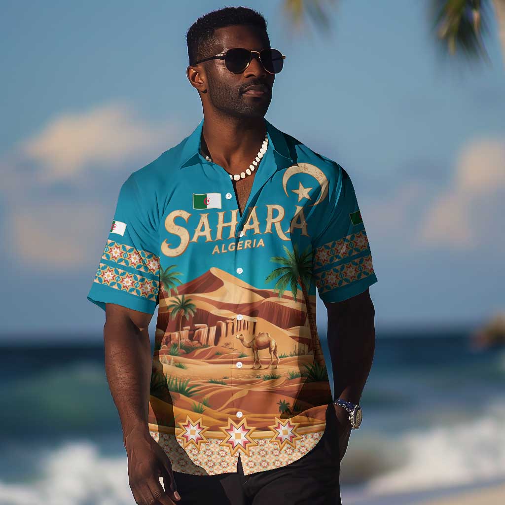 Sahara Algeria Hawaiian Shirt with Desert Camel Landscape and Islamic Motif Design TS04