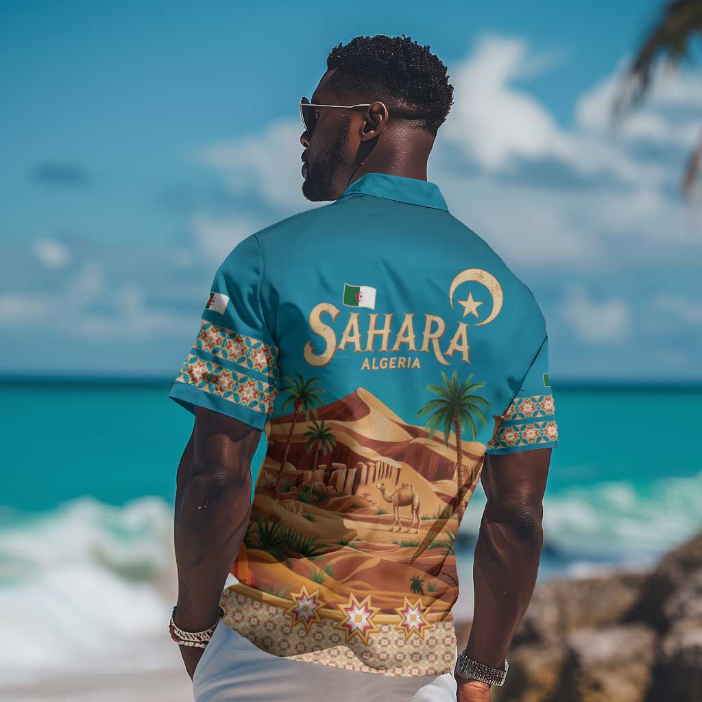 Sahara Algeria Hawaiian Shirt with Desert Camel Landscape and Islamic Motif Design TS04