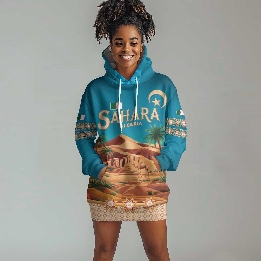Sahara Algeria Hoodie Dress with Desert Camel Landscape and Islamic Motif Design TS04