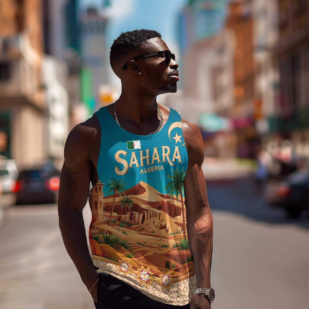 Sahara Algeria Men Tank Top with Desert Camel Landscape and Islamic Motif Design TS04