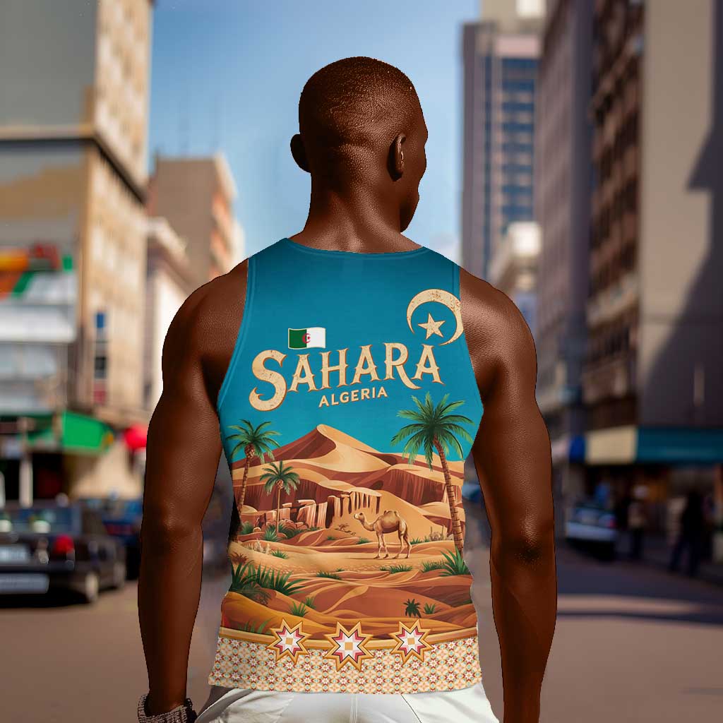 Sahara Algeria Men Tank Top with Desert Camel Landscape and Islamic Motif Design TS04