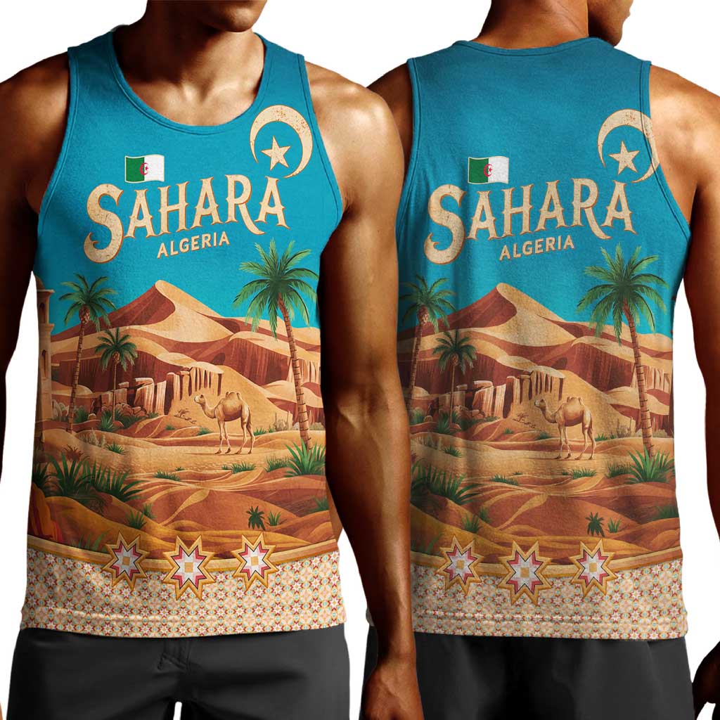 Sahara Algeria Men Tank Top with Desert Camel Landscape and Islamic Motif Design TS04