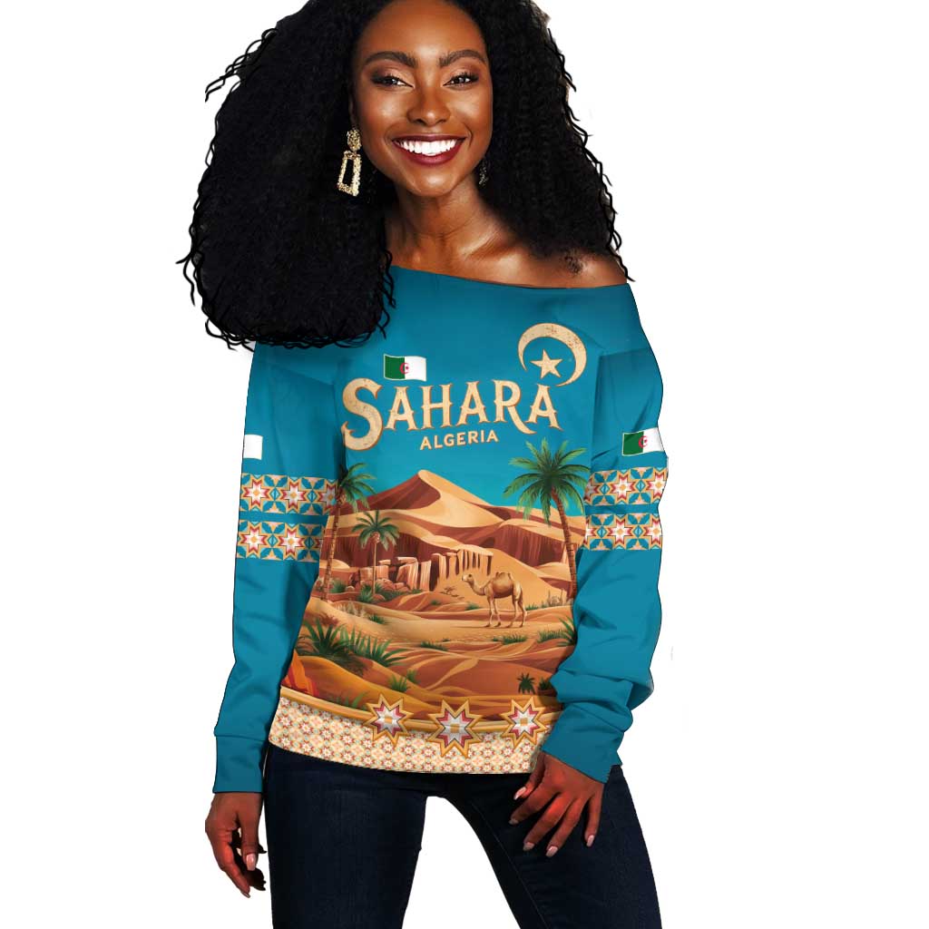 Sahara Algeria Off Shoulder Sweater with Desert Camel Landscape and Islamic Motif Design TS04