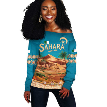 Sahara Algeria Off Shoulder Sweater with Desert Camel Landscape and Islamic Motif Design TS04