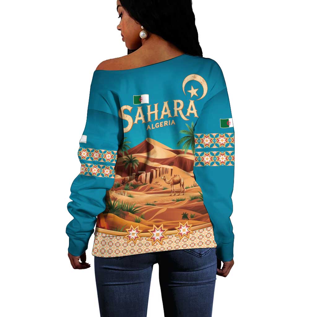 Sahara Algeria Off Shoulder Sweater with Desert Camel Landscape and Islamic Motif Design TS04