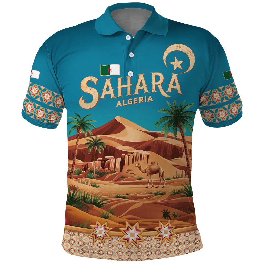 Sahara Algeria Polo Shirt with Desert Camel Landscape and Islamic Motif Design TS04