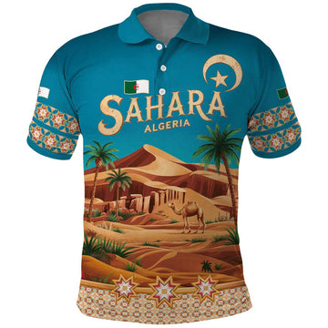 Sahara Algeria Polo Shirt with Desert Camel Landscape and Islamic Motif Design TS04