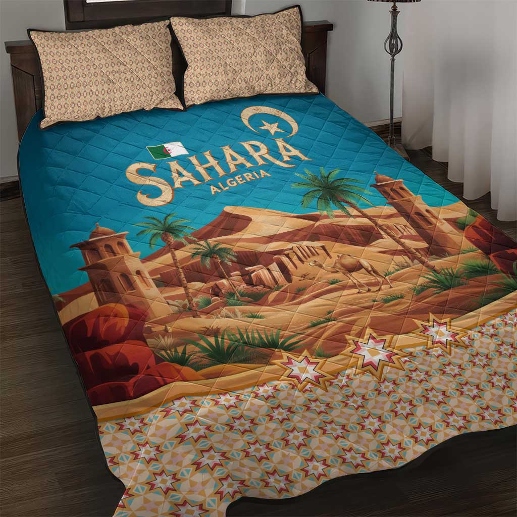 Sahara Algeria Quilt Bed Set with Desert Camel Landscape and Islamic Motif Design TS04