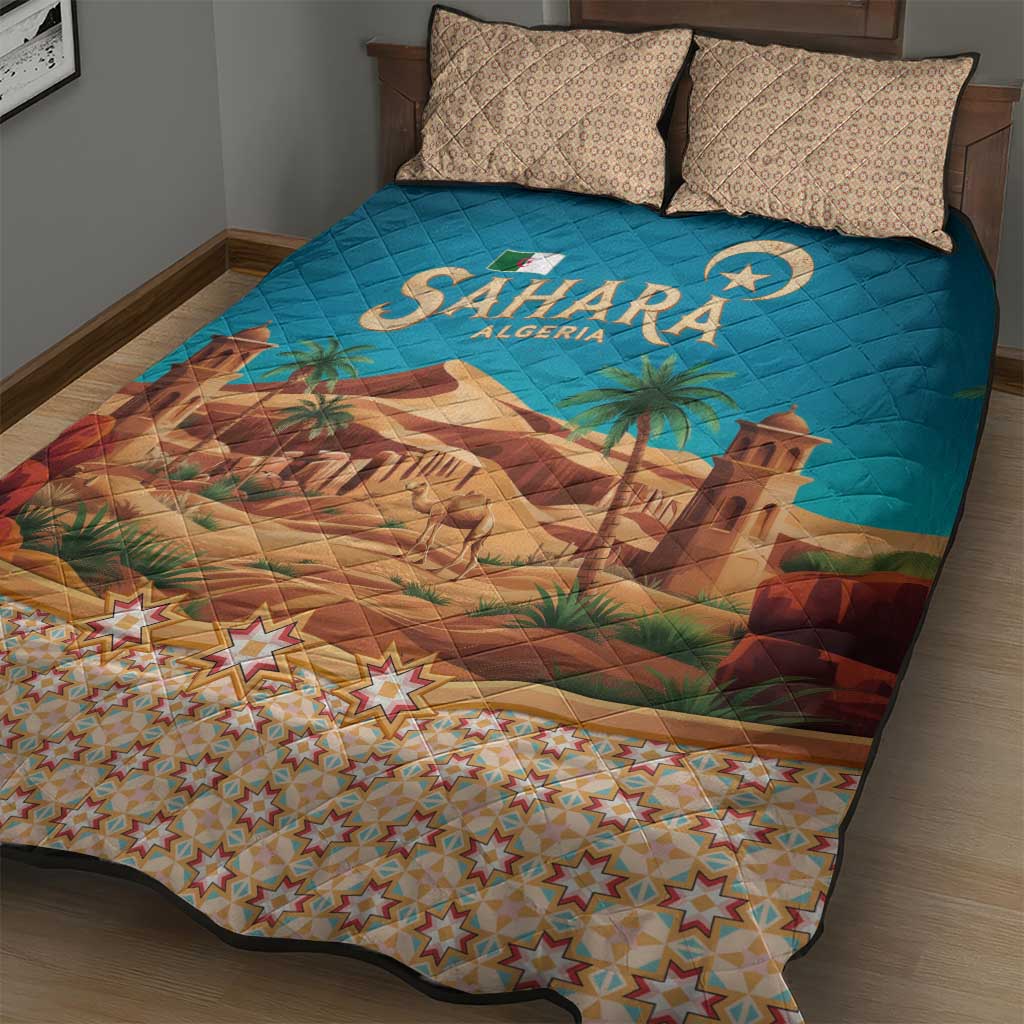 Sahara Algeria Quilt Bed Set with Desert Camel Landscape and Islamic Motif Design TS04