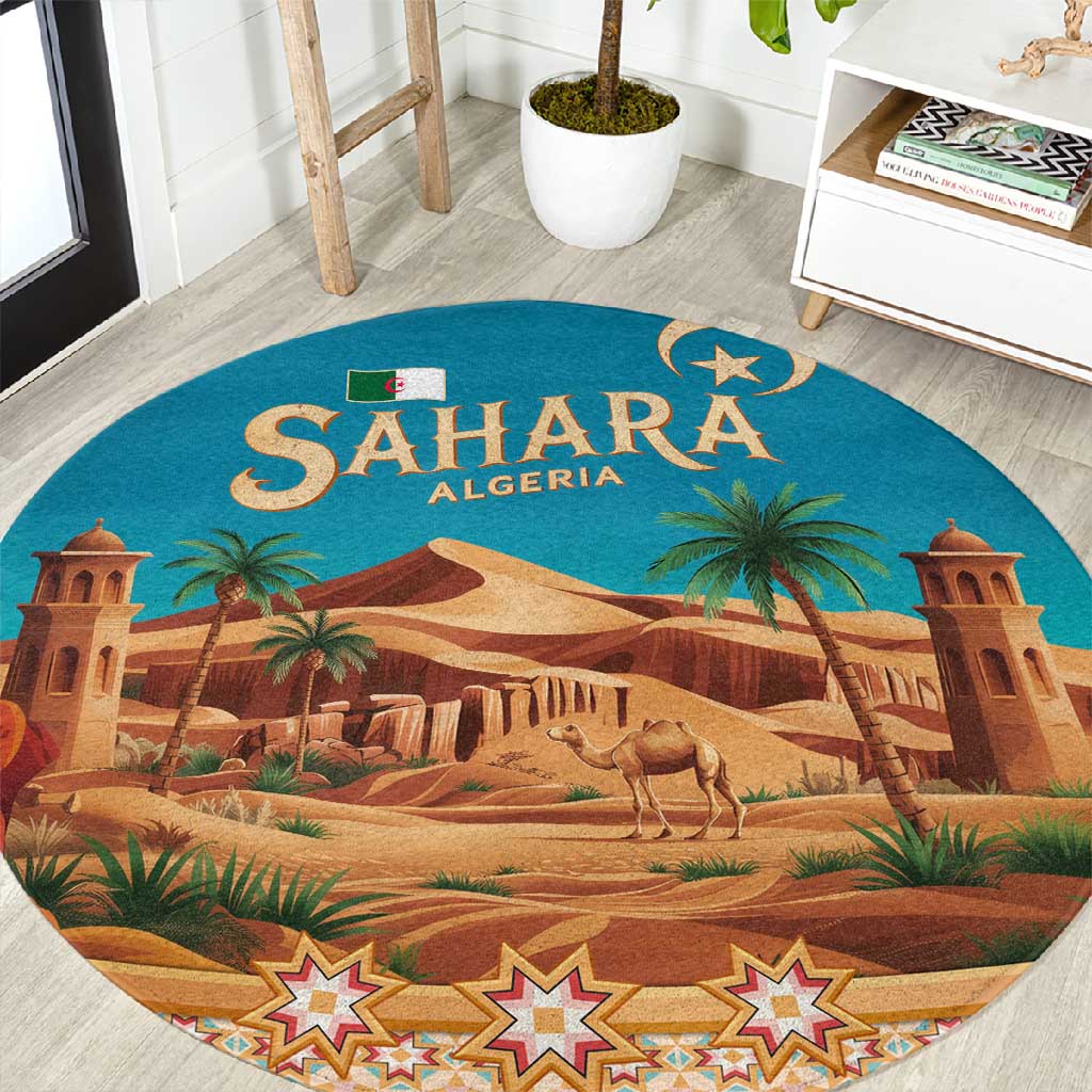 Sahara Algeria Round Carpet with Desert Camel Landscape and Islamic Motif Design TS04