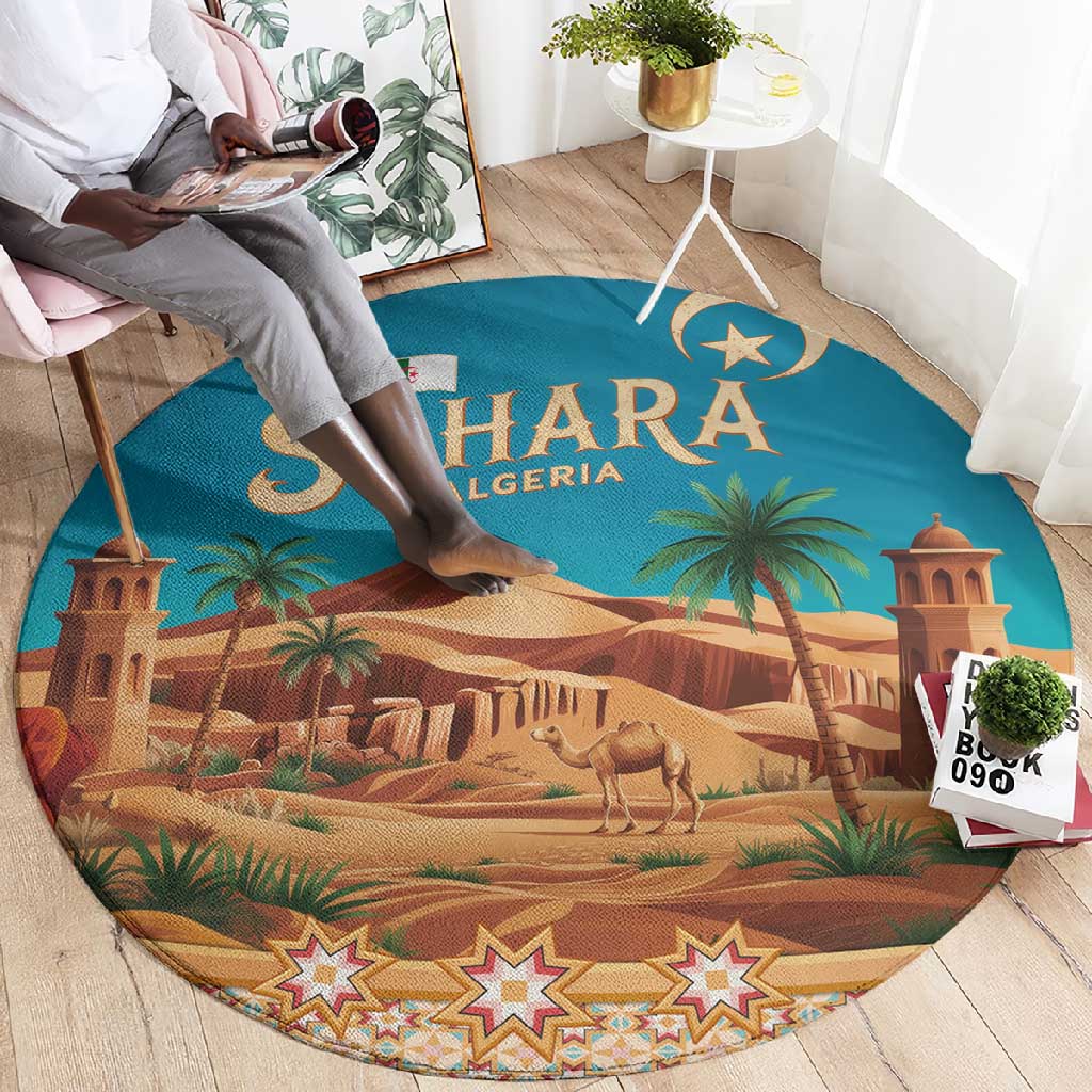 Sahara Algeria Round Carpet with Desert Camel Landscape and Islamic Motif Design TS04