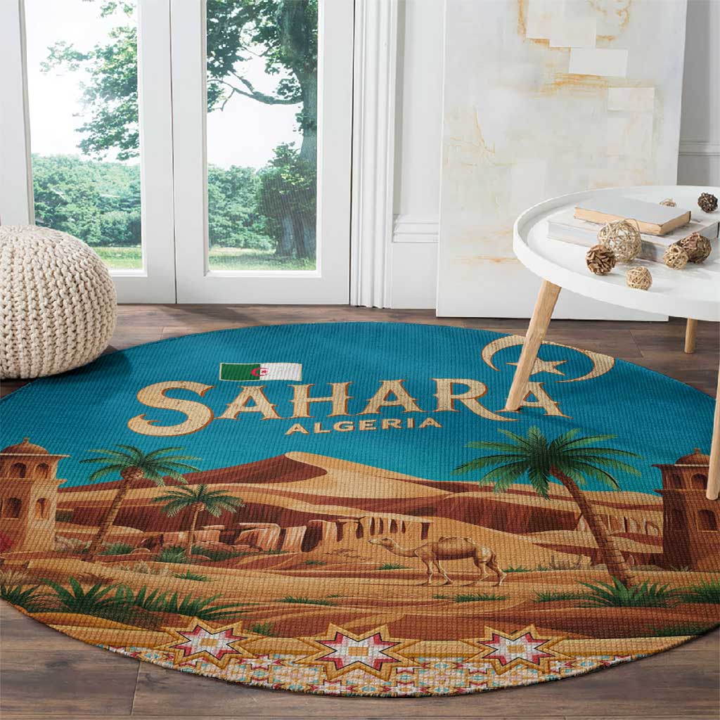 Sahara Algeria Round Carpet with Desert Camel Landscape and Islamic Motif Design TS04