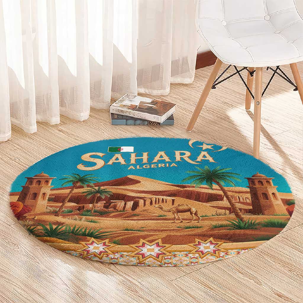 Sahara Algeria Round Carpet with Desert Camel Landscape and Islamic Motif Design TS04