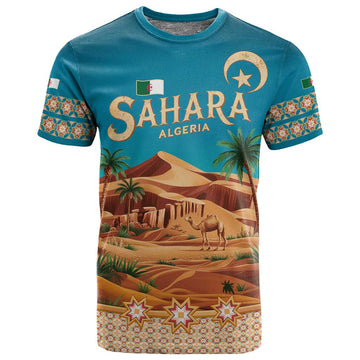 Sahara Algeria T shirt with Desert Camel Landscape and Islamic Motif Design TS04