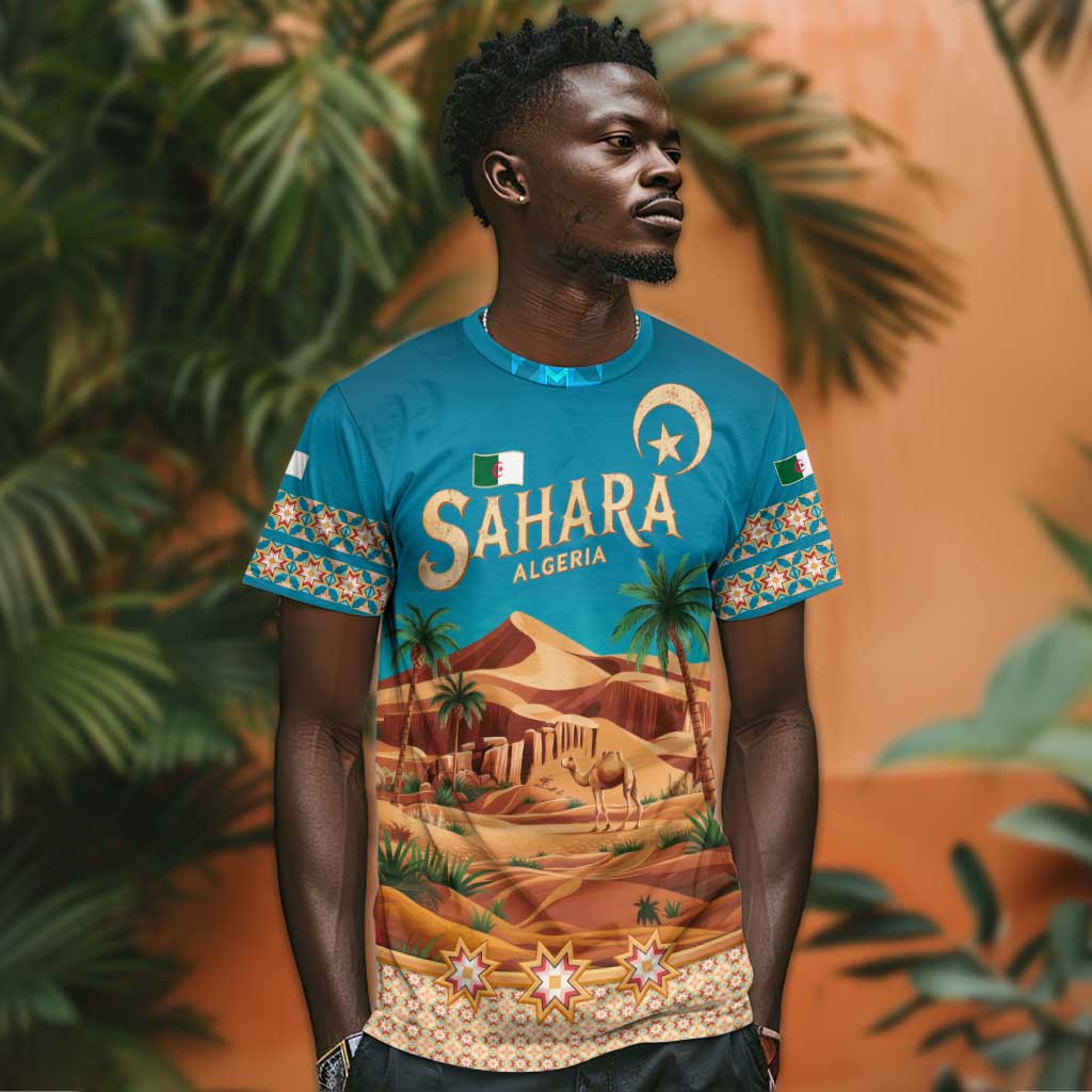 Sahara Algeria T shirt with Desert Camel Landscape and Islamic Motif Design TS04