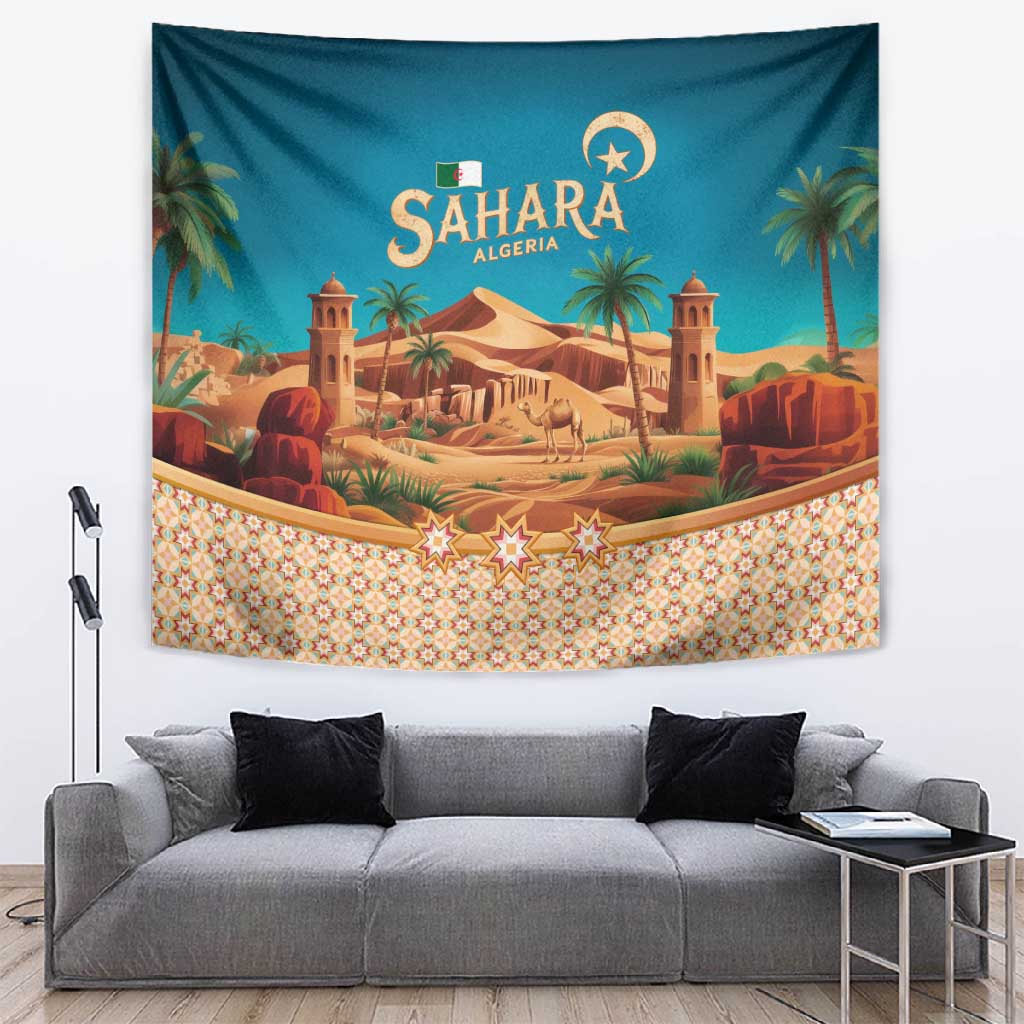 Sahara Algeria Tapestry with Desert Camel Landscape and Islamic Motif Design TS04
