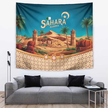 Sahara Algeria Tapestry with Desert Camel Landscape and Islamic Motif Design TS04